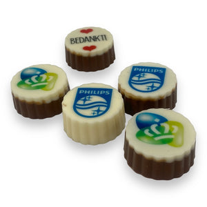 4 ambachtelijke bonbons met logo in transparante verpakking (minimaal 20 doosjes)