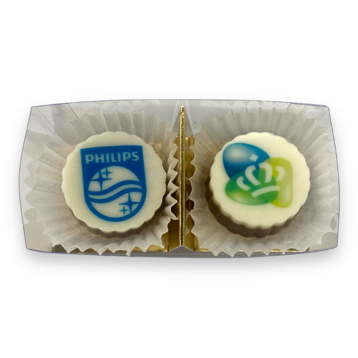 2 Artisan Chocolates with Logo in Luxury Packaging
