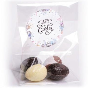 4 ambachtelijke paaseitjes in zakje met eigen logo/etiket - bonbons -chocolade - Chocoladebox.nl