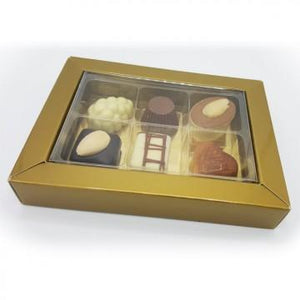 6 bonbons in gouden doosje met transparant deksel - bonbons -chocolade - Chocoladebox.nl