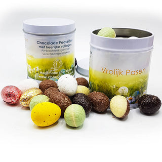 Ambachtelijke gevulde paaseitjes in blik - Chocoladebox.nl