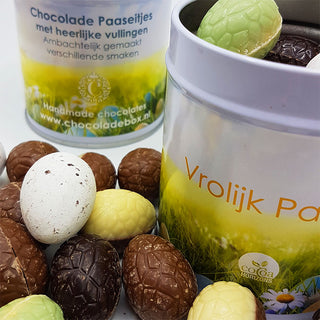 Ambachtelijke gevulde paaseitjes in blik - Chocoladebox.nl