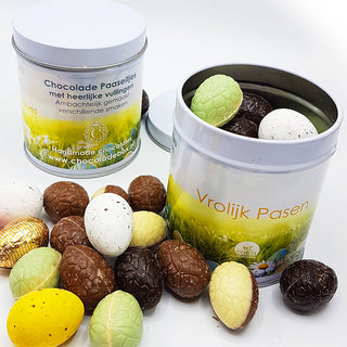 Ambachtelijke gevulde paaseitjes in blik - Chocoladebox.nl