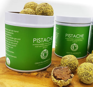 Canned chocolate truffles with your own logo. Coconut / Pistachio