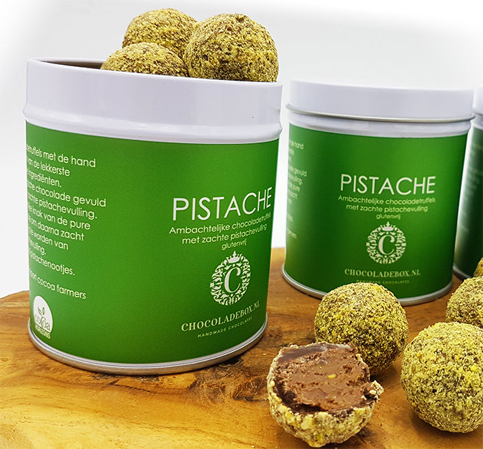 Canned pistachio truffles - Chocolate box special.