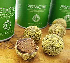 Canned chocolate truffles with your own logo. Coconut / Pistachio
